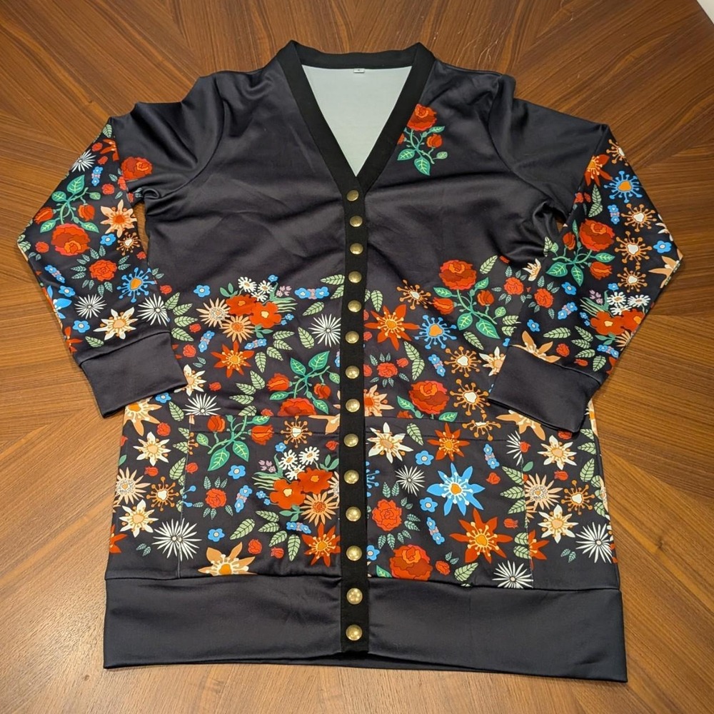 Unbranded Cardigan Women Black Multi Excellent Floral V-Neck Gold Button Pocket